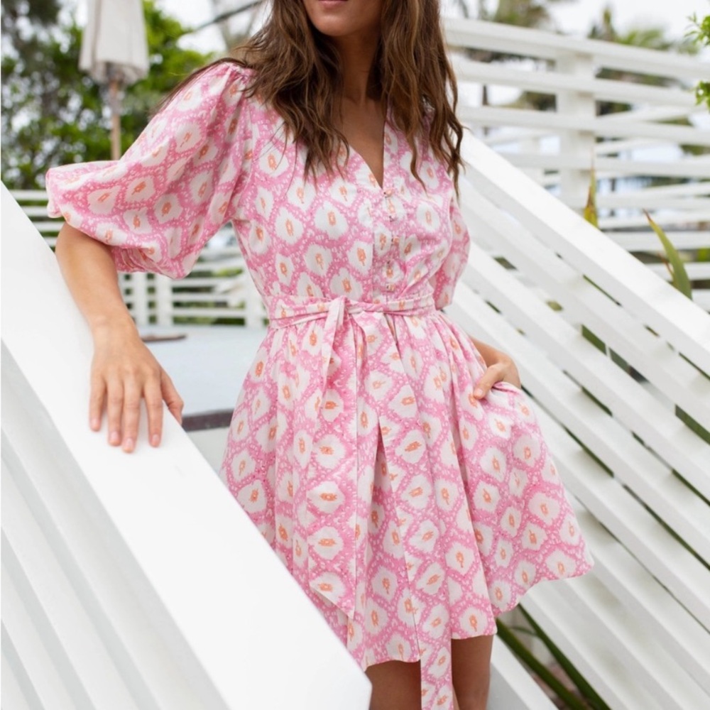Marea Pink White Ikat Print Short Puff Sleeve Collette Shortie Dress Golden Hour
